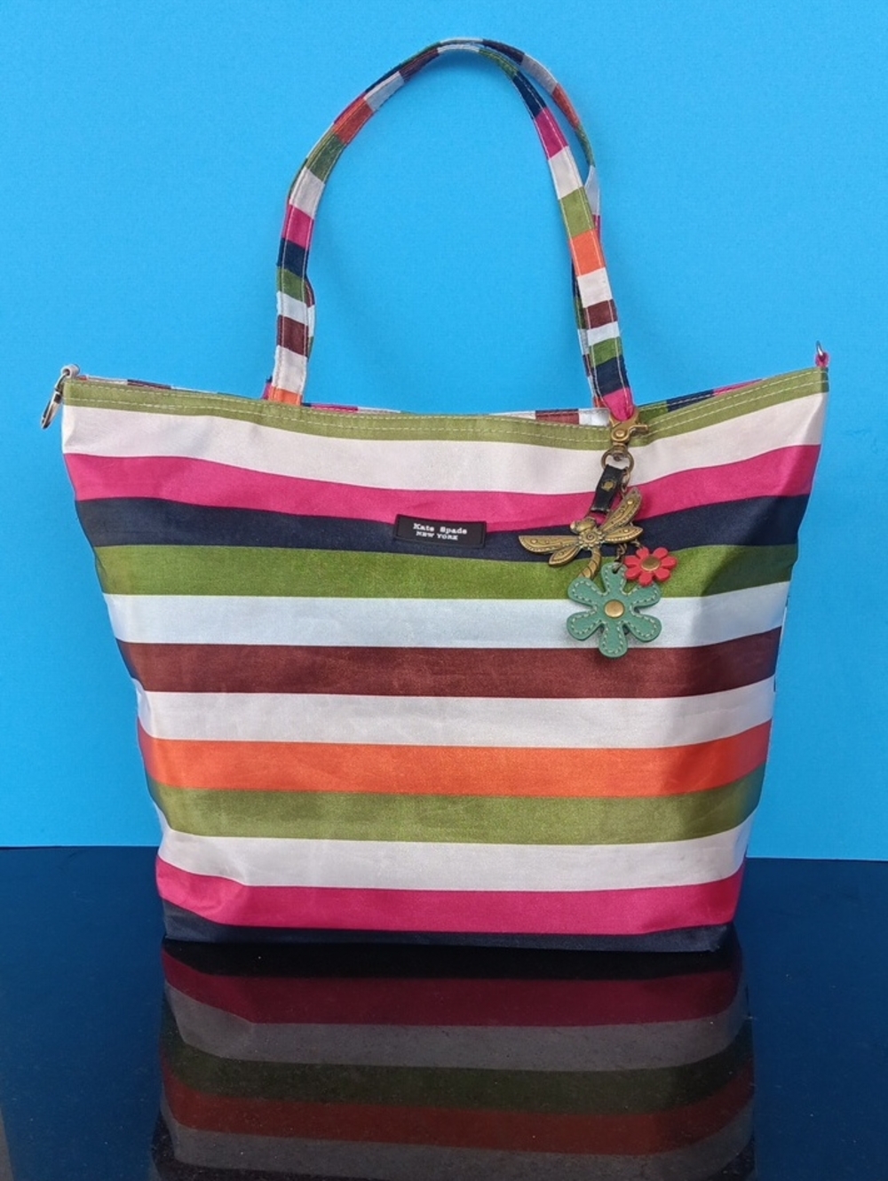 kate spade Multicolor Striped Tote with Floral Charm Size13×12×6